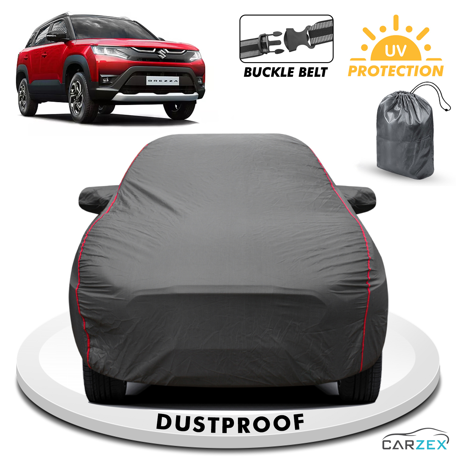 Carzex 2x2 Heavy Duty Red Border Car Body Cover Without Antenna For Maruti Brezza 2022